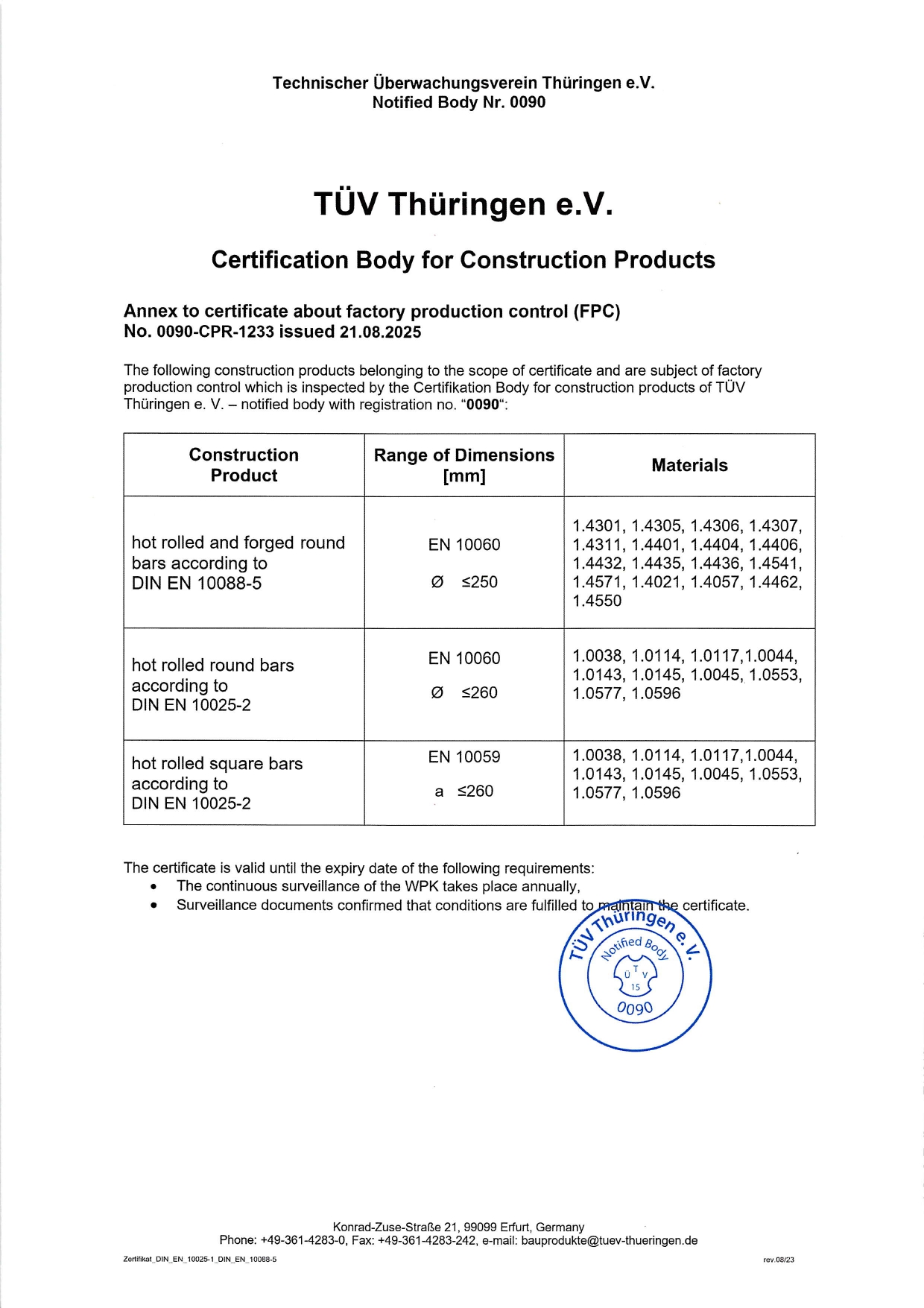 Annex to Certificate of construction products in compliance with Regulation 305/2011 
